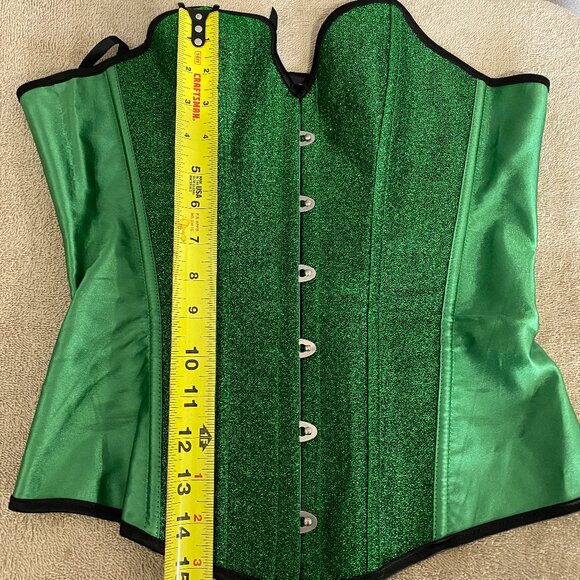 Green Glitter Steel Boned Overbust Corset Top Lace Up Back Size S Gothic Festiva - Picture 3 of 8